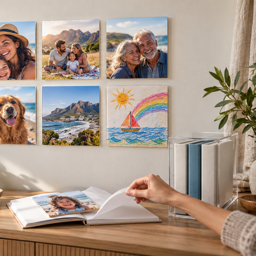 Six custom square photo prints displayed in a 2x3 grid on a white wall above a wooden desk. A person's hand is visible holding an open book in the foreground.